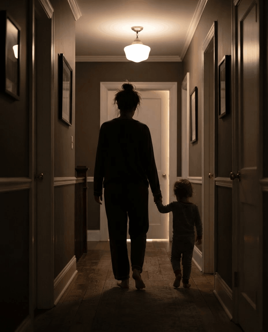 Parent assis au bord d un lit d enfant, veilleuse allumée