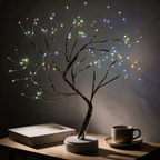 Veilleuse arbre lumineux bonsaï en lumière multicolore, branches argentées et base blanche