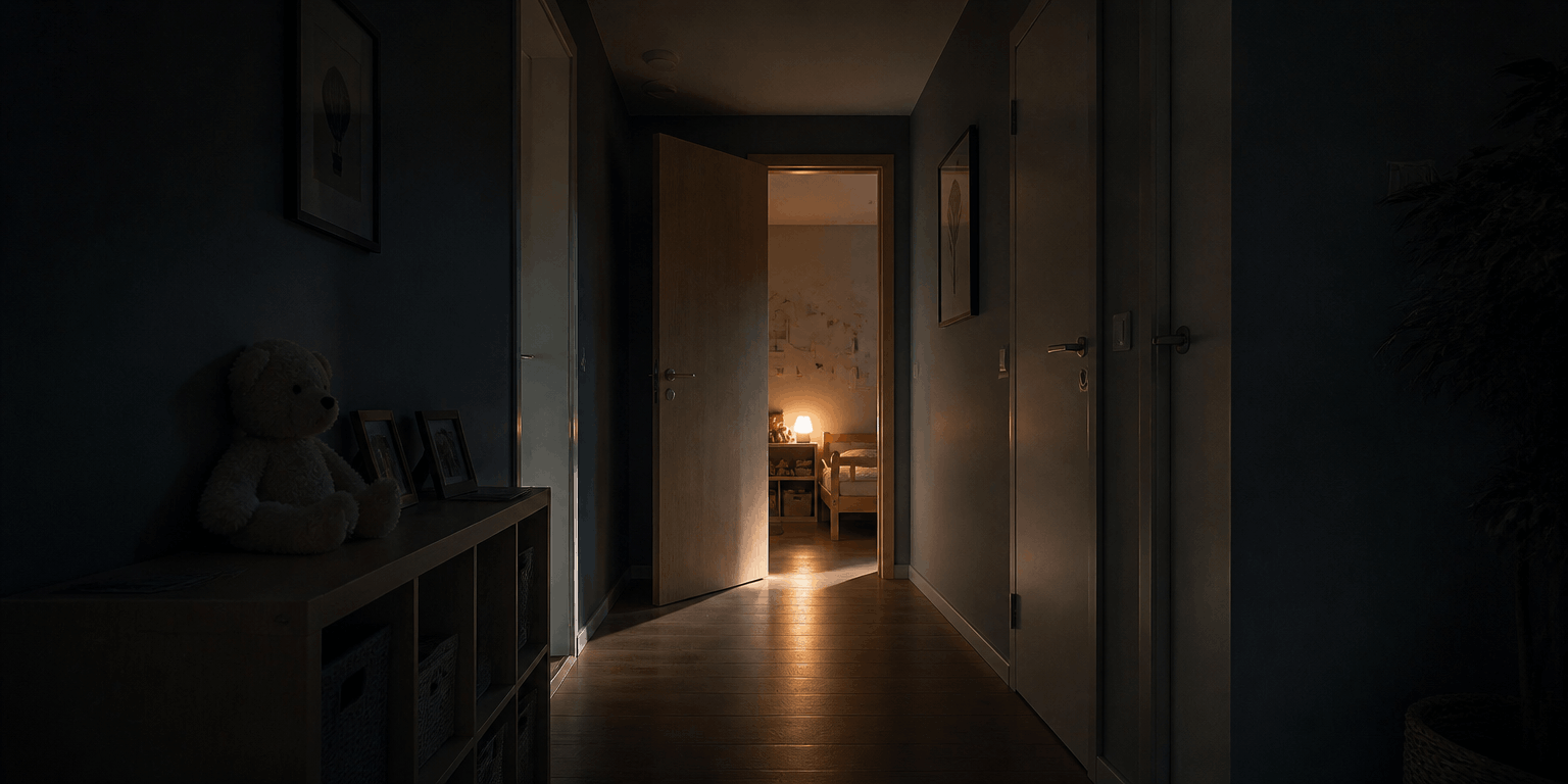 Couloir de maison la nuit, lumière douce au sol