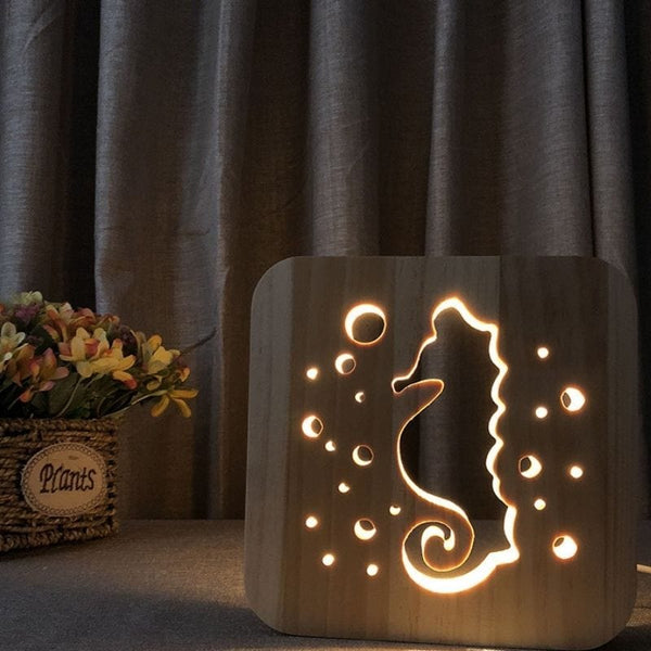 Veilleuse Hippocampe LED en Bois Naturel